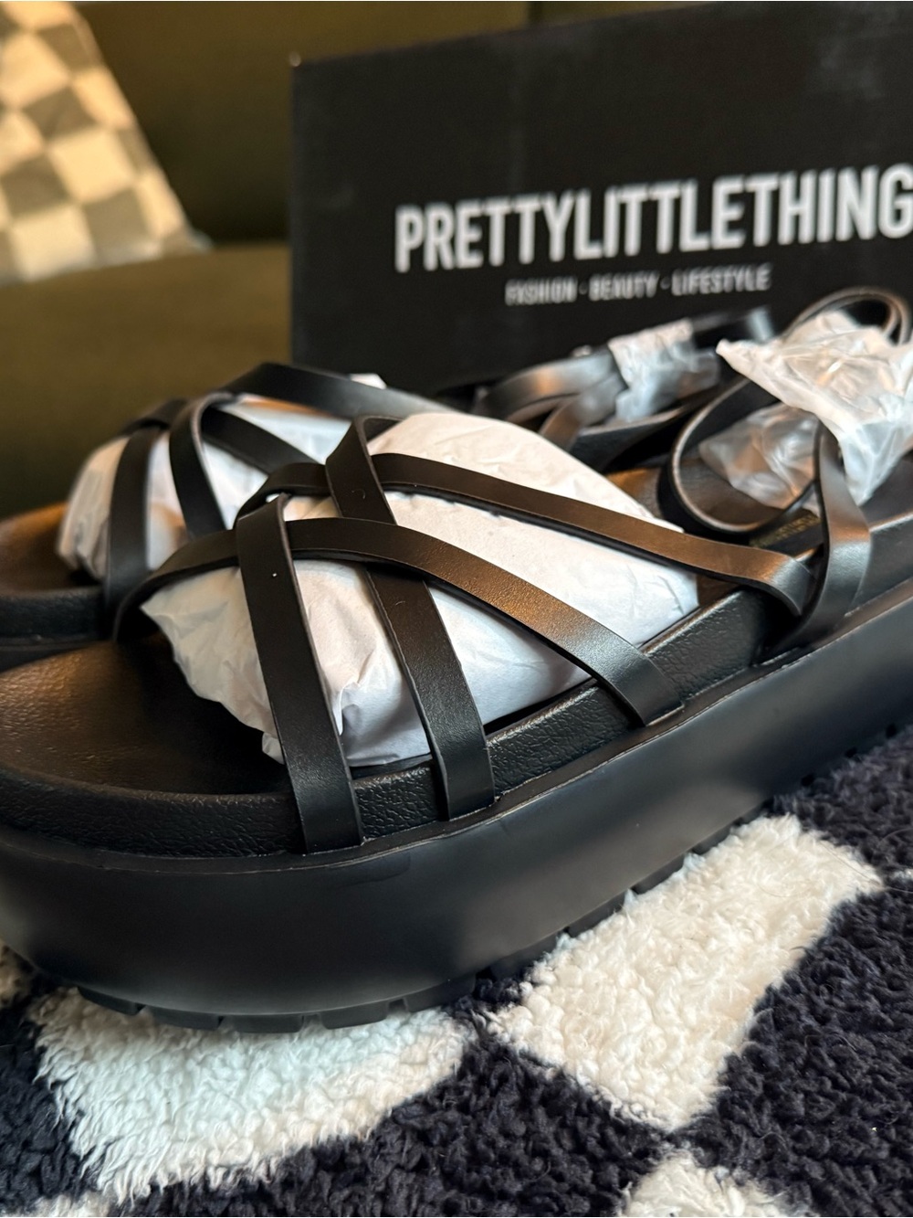PrettyLittleThing Black Strappy Platform Slide Sandals